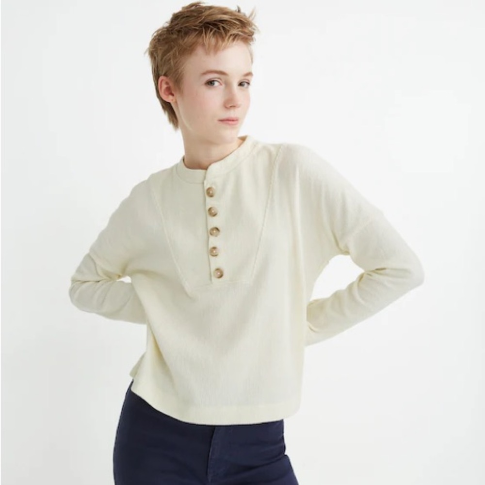 Madewell Texture & Thread Seamed Henley Top in Antique Cream
